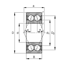 角接觸球軸承 3807-B-2RSR-TVH, 雙列，雙側(cè)唇密封，接觸角 α = 25°